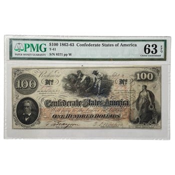1862-63 $100 Confederate Note, T-41, PMG 63 EPQ
